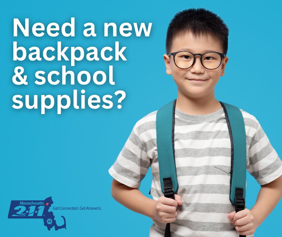 Mass_211's tweet image. Did you know Mass211 can connect you with local programs that provide free backpacks and school supplies?
Dial 211 from any phone in Massachusetts, anytime 24/7, 📲 or visit mass211.org to find resources in your area. 🔍