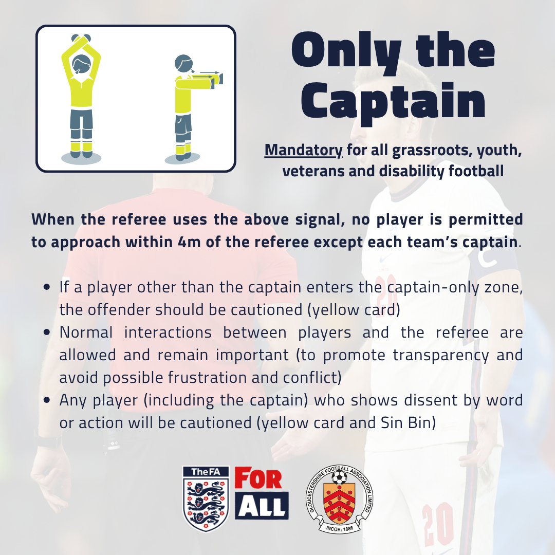 🙅 ONLY THE 𝐂𝐀𝐏𝐓𝐀𝐈𝐍 🙅

Referees may now create a 4m exclusion zone into which only team captains may enter ⛔

Full guidance is available on our website 👇
bit.ly/GFA-OnlyTheCap…