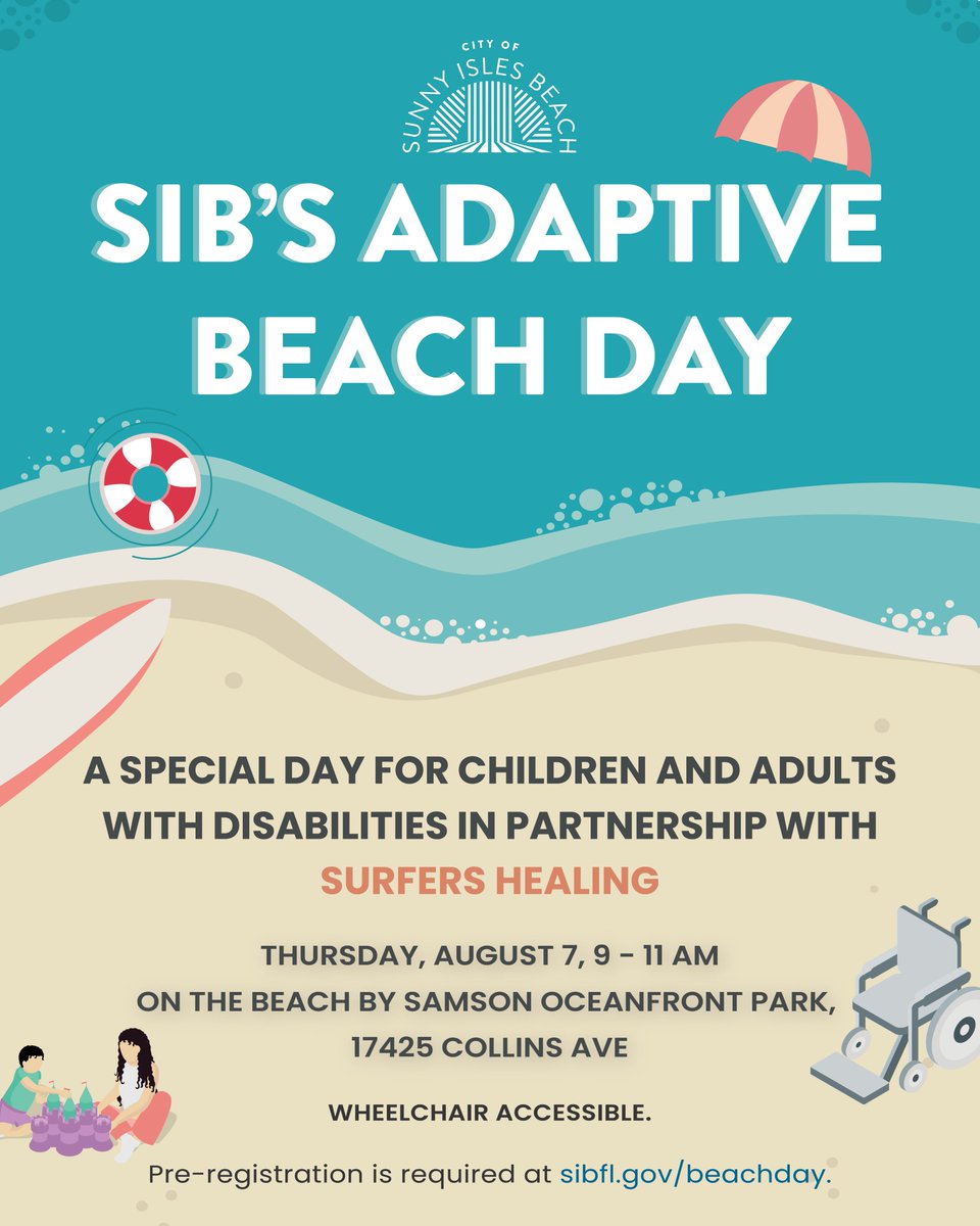 We're teaming up with Surfers Healing to host SIB's Adaptive Beach Day, making the beach accessible and welcoming for children and adults with disabilities on Thursday, August 7.

Free parking will be available in the municipal lot at 175 TER. Register at sibfl.gov/beachday
