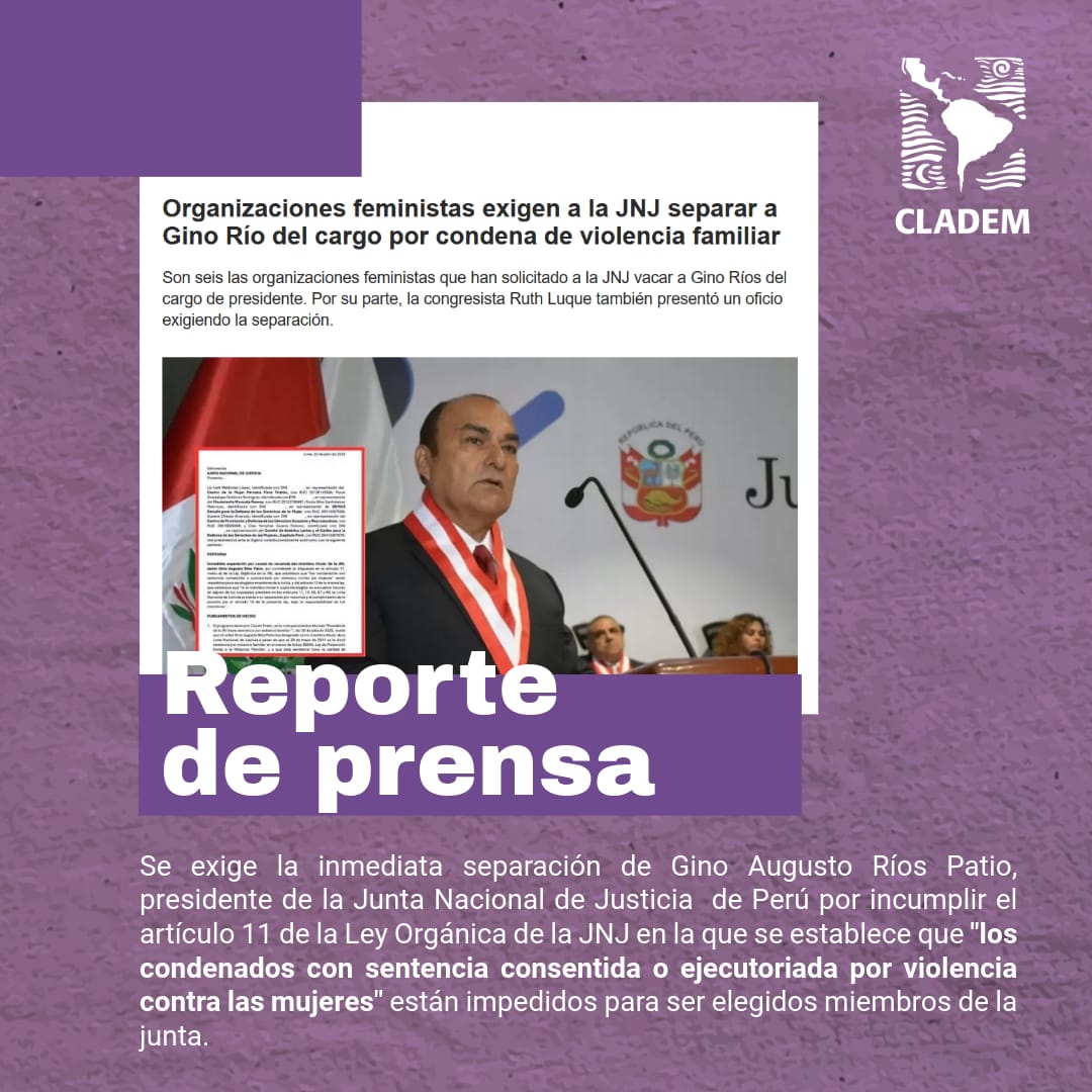 🎙️ #ReporteDePrensa 

CLADEM Perú en conjunto con las organizaciones feministas <a href="/CMFloratristan/">Flora Tristán 🇵🇪 #NOalPL904 #EducandoConIgualdad</a> <a href="/ManuelaRamos/">Manuela Ramos #JuntasSinMiedo</a> <a href="/DemusPeru/">DEMUS</a> <a href="/promsex/">#NoNosCallarán</a>  exigieron la separación del cargo de presidente de la JNJ de Perú a Ríos Patio por su condena de violencia familiar.

👉🏽bit.ly/4l6cWkz