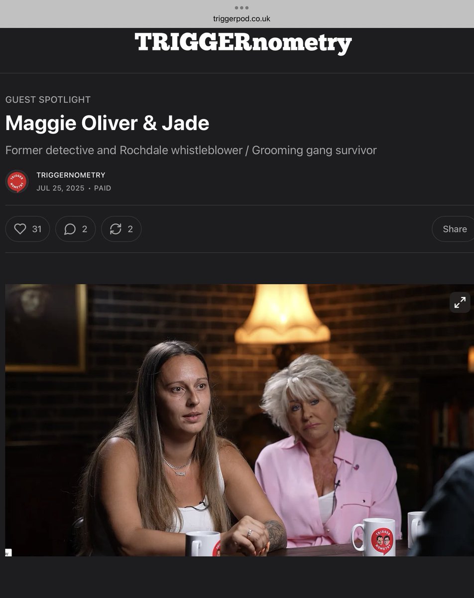 Maggie Oliver (@maggieoliveruk) on Twitter photo I would encourage anyone who has followed my work over the past 15 years to listen to Jades story told to <a href="/triggerpod/">TRIGGERnometry</a> . It’s true. It’s harrowing. And in my opinion it’s disgusting that a child whose life had been destroyed by daily rapes and abuse by gangs of men still found I would encourage anyone who has followed my work over the past 15 years to listen to Jades story told to <a href="/triggerpod/">TRIGGERnometry</a> . It’s true. It’s harrowing. And in my opinion it’s disgusting that a child whose life had been destroyed by daily rapes and abuse by gangs of men still found