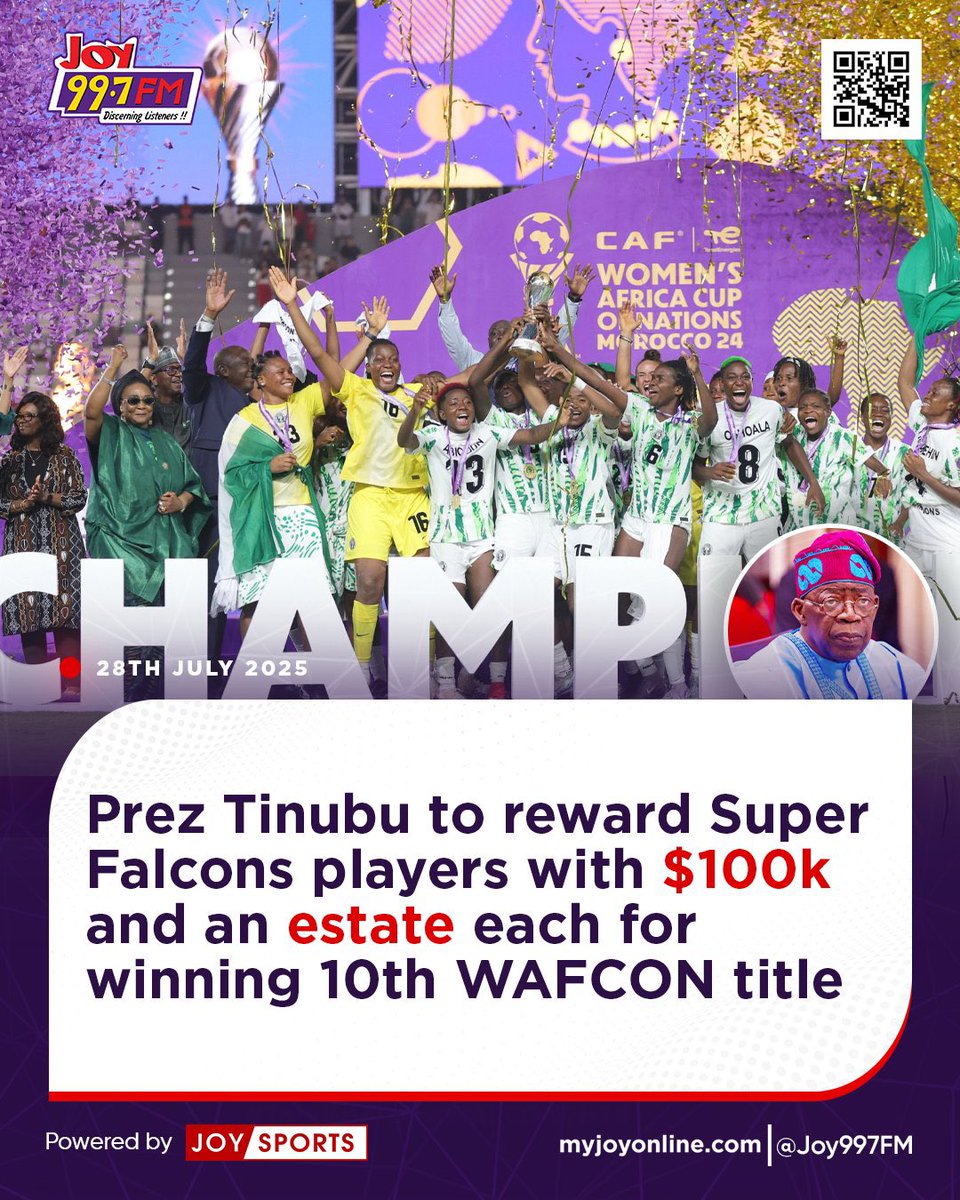 LuvFM995's tweet image. Prez Tinubu to reward Super Falcons players with $100,000 and an estate each for winning 10th WAFCON title

#LuvSports