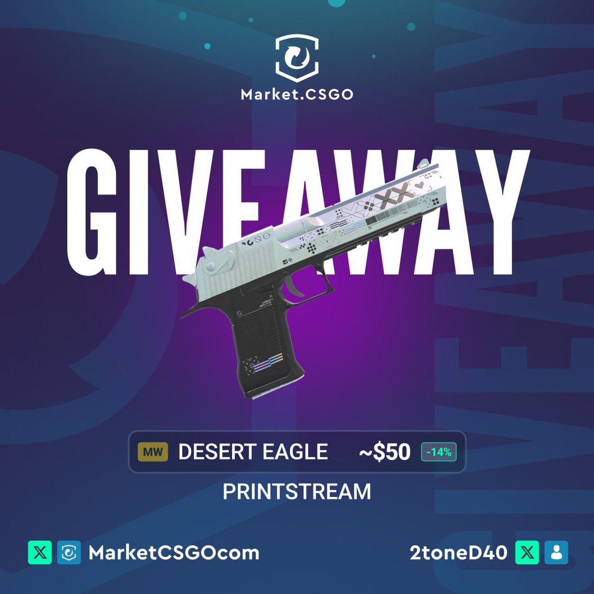 🎁 Desert Eagle | Printstream MW Giveaway 🎁

How to Enter:
1️⃣ Follow <a href="/MarketCSGOcom/">Market.CSGO</a> +  <a href="/2toneD40/">2tone</a>
2️⃣ Like and Retweet this post
3️⃣ Tag at least one of your teammate under the comment section

💥 Winner will be announced on August 4th. 
⏰ Don't miss your shot at this epic skin!