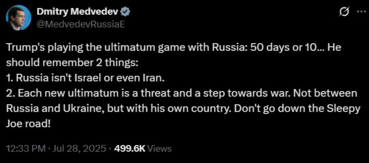 inteltower's tweet image. 🚨 NEW:  Former Russian President Dmitry Medvedev threatened war with the U.S. after Trump issued a 10-12 day ultimatum to Putin to halt hostilities.

“Each new ultimatum is a threat and a step towards war. Not between Russia and Ukraine, but with his own country.”
