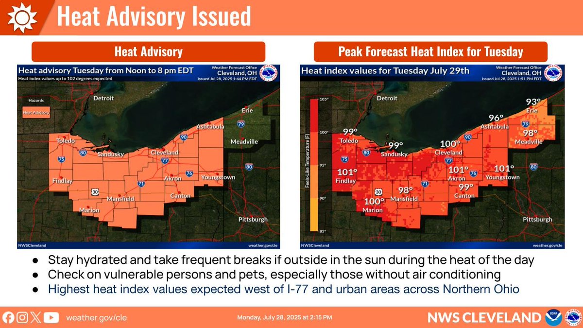 A heat advisory is in effect for Northern Ohio from Noon to 8 pm EDT Tuesday. Heat index values up to 102 degrees expected. Take necessary precautions as high heat and humidity can lead to heat related illnesses. #ohwx #pawx