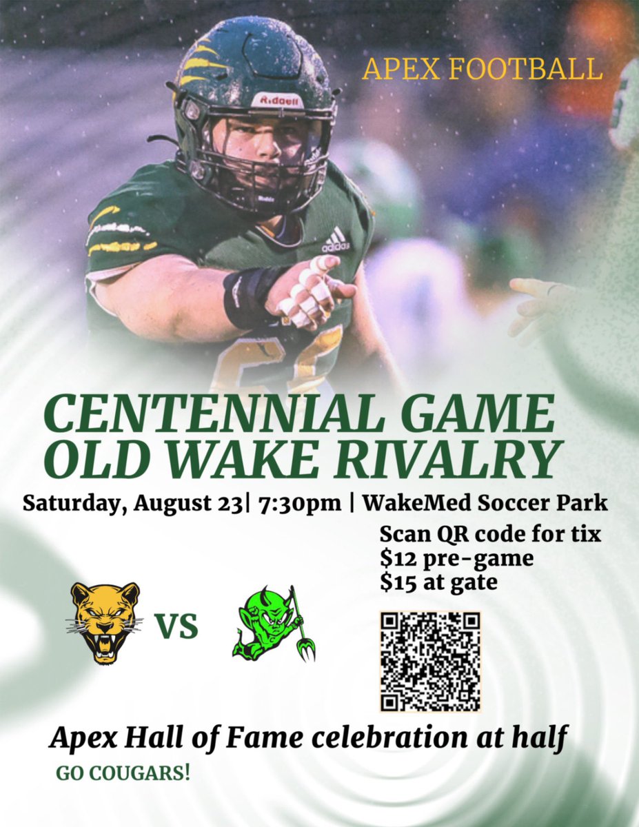 Saturday night high school football! Apex Hall of Fame induction night &amp; celebrating our centennial year of playing Cary in “The Old Wake Rivalry” on Saturday, August 23 at WakeMed Stadium at 7:30! <a href="/apexcougarclub/">Apex Cougar Club</a> <a href="/ApexHighSchool/">Apex High School</a>
