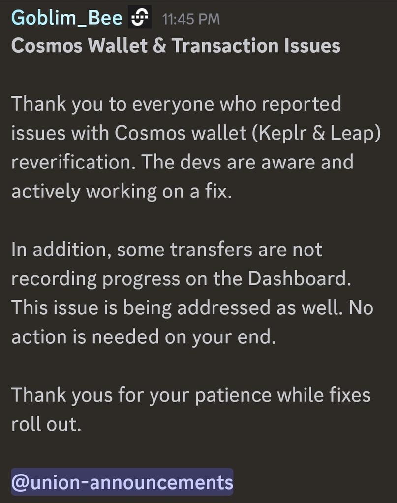 surazlibro's tweet image. All those worried about having their transactions not counted on the @union_build dashboard can relax.
Team has acknowledged the issue and are actively working to fix it. When you got a proactive team like Union, there's nothing to worry.
Source: Union Discord