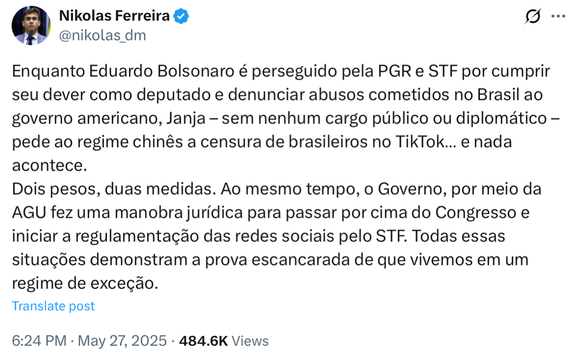 FelipeCostaBR97's tweet image. “Ain, o Nikolas nunca defendeu Eduardo.”

Mentira! Quando o sistema abriu inquérito contra o filho de JB, o deputado apontou “perseguição” e lembrou que Janja não foi investigada por ter pedido censura.

Por outro lado, Eduardo ignorou a decisão que tornou Nikolas réu.