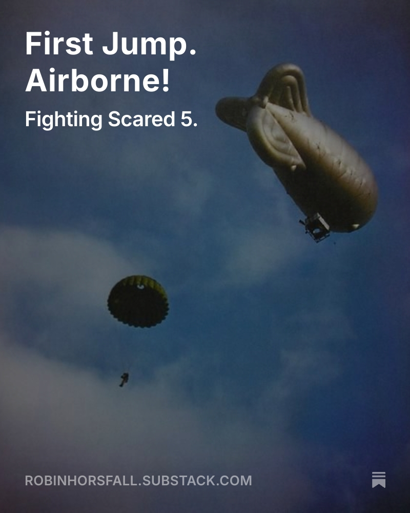 First Jump. Airborne! 

I looked up and watched as in almost slow motion the canopy began to develop above my head. Once it was full, I parted my legs and checked beneath me, and then steered away from the balloon cable.
open.substack.com/pub/robinhorsf…