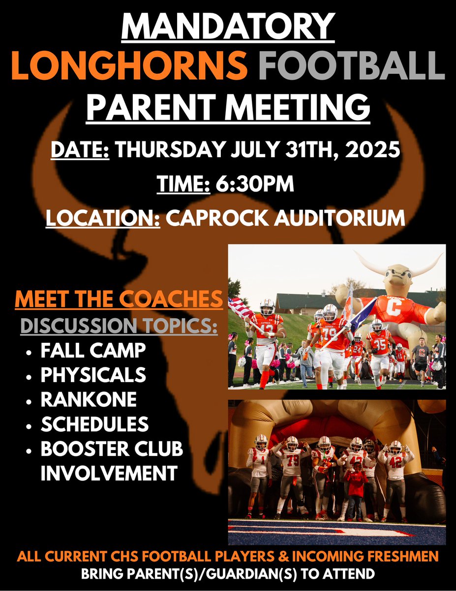CRockHorns's tweet image. Fall Parent Meeting! Thursday July 31th at 6:30PM in the Caprock Auditorium (Please enter from the North Gate). Coach Freeman will be kicking off the season about fall camp, scrimmages, and Caprock gear to buy. We look forward to seeing yall Thursday! @CaprockHigh_TX @teamaisd