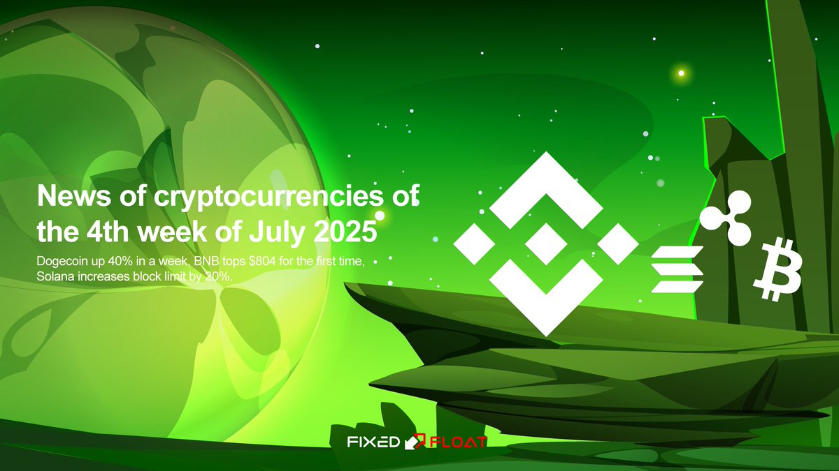 🔥 Crypto News of the 4th Week of July 2025

💬 Dogecoin up 40% in a week, BNB tops $804 for the first time, Solana increases block limit by 20%.

Read more in the article 👉 👉 ff.io/blog/news/week…

#fixedfloat #BNB #solana #dogecoin #cryptonews #cryptocurrency #CryptoWeek
