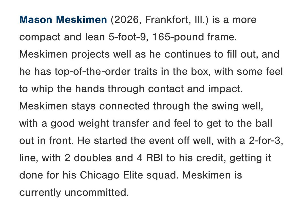 Thank you <a href="/tyler_kotila/">Tyler Kotila</a> for the mention in your Battle of the Midwest Scout Notes Perfect Game article. 
<a href="/ChicagoELITE18u/">Brian Forystek</a> <a href="/ericwelsh23/">Eric Welsh</a> <a href="/LWEastBaseball/">LW East Baseball</a> <a href="/IowaPG/">Perfect Game Iowa</a> <a href="/PG_Illinois/">Perfect Game Illinois</a> 
<a href="/PG_Uncommitted/">PG_Uncommitted</a>