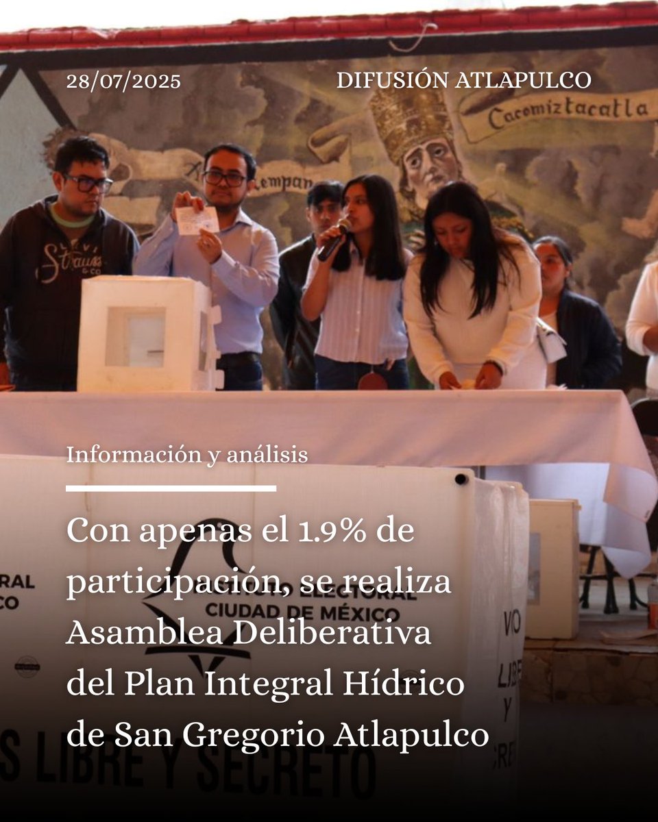 Con apenas el 1.9% de participación, se realiza Asamblea Deliberativa del Plan Integral Hídrico de San Gregorio Atlapulco | Difusión Atlapulco

Nota completa:
datlapulco.blogspot.com/2025/07/con-ap…

#atlapulco #xochimilco #cdmx #consulta #pueblosoriginarios