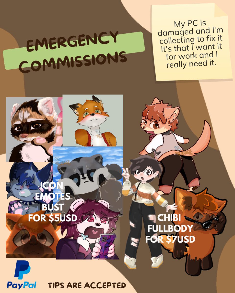 Tracker_DdeCrin's tweet image. Lovely people,
I'm doing emergency commissions, since I really need to fix my PC
Icons, Emotes, and Busts are $5.
Halfbody, Fullbody, and Chibis are $7.
Everything is in full color.
Also, tips and whatever else you can help me with.
#furry #commissionsopen #help