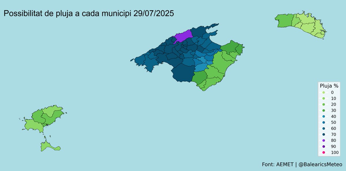 🌧️ Possibilitat de pluja a ses Illes Balears 29/07/2025:

- Menorca: 25 %
- Mallorca: 85 %
- Eivissa: 20 %
- Formentera: 10 %

Font: AEMET