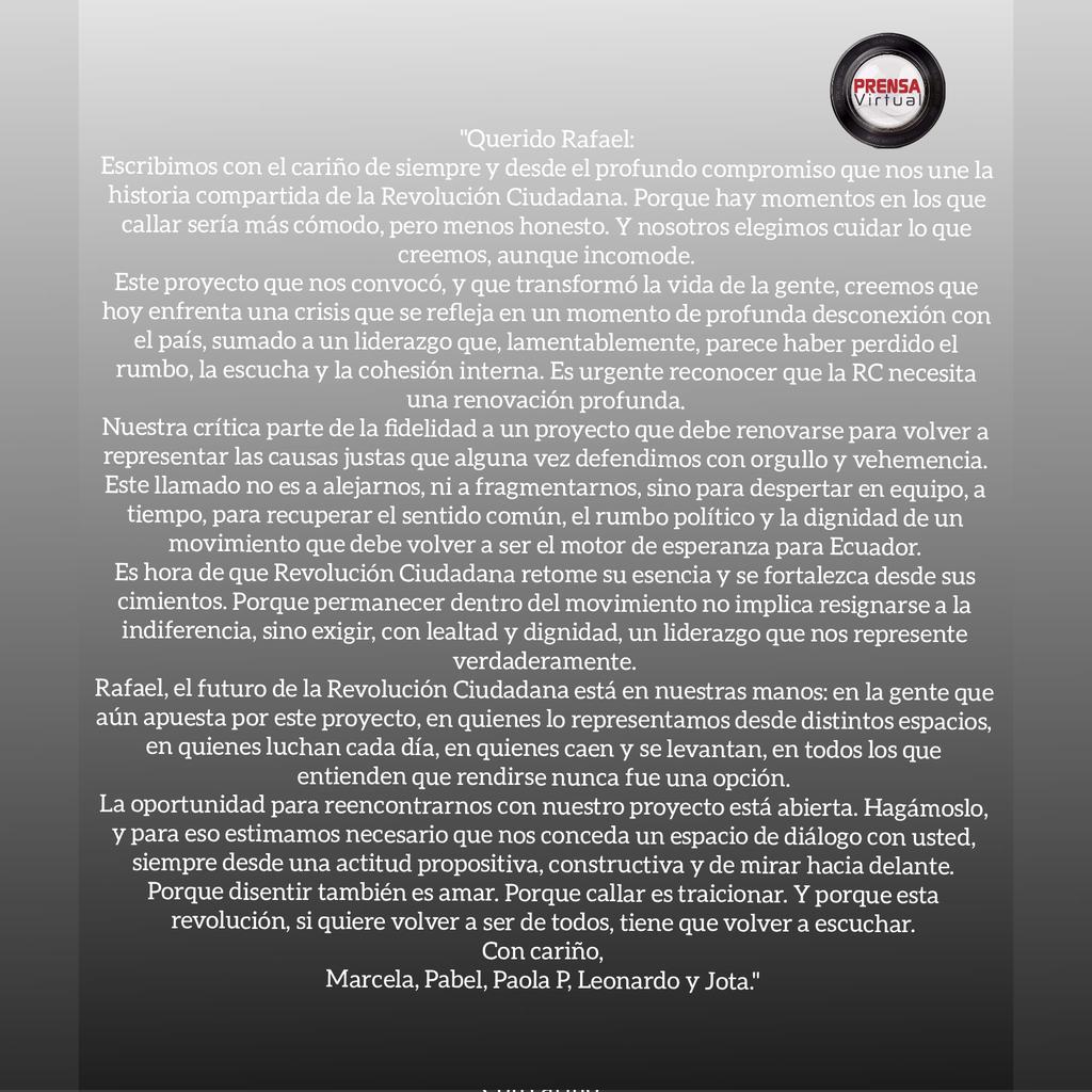 PRENSAVirtual_'s tweet image. Carta &quot;Filtrada&quot; Rafael Correa, firmada por Marcela Aguiñaga (Prefecta del #Guayas), Pabel Muñoz (Alcalde de #Quito) Jota (Prefecto del #Azuay) Leonardo  (desconocido) y Paola Pabón (Prefecta de #Pichincha).