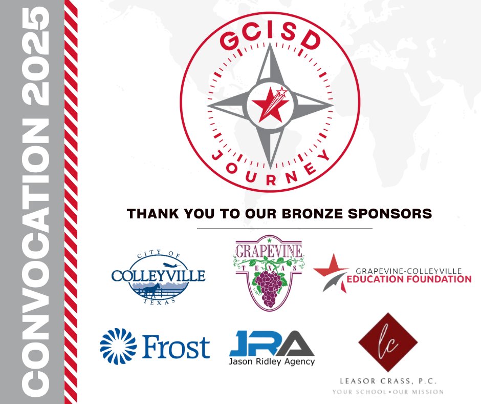 Grapevine-Colleyville ISD (@gcisd) on Twitter photo Our annual Convocation for GCISD staff is August 6! Huge thanks to our bronze sponsors: <a href="/CityColleyville/">City of Colleyville</a>, <a href="/GrapevineTXCity/">City of Grapevine TX</a>, <a href="/GCEdFoundation/">Grapevine-Colleyville Education Foundation</a>, <a href="/FrostBank/">Frost Bank</a>, <a href="/JRidleyAgency/">Jason Ridley Agency</a>, & <a href="/LeasorCrassPC/">Leasor Crass, P.C.</a>. More sponsor shoutouts coming this week. #WeAreGCISD Our annual Convocation for GCISD staff is August 6! Huge thanks to our bronze sponsors: <a href="/CityColleyville/">City of Colleyville</a>, <a href="/GrapevineTXCity/">City of Grapevine TX</a>, <a href="/GCEdFoundation/">Grapevine-Colleyville Education Foundation</a>, <a href="/FrostBank/">Frost Bank</a>, <a href="/JRidleyAgency/">Jason Ridley Agency</a>, & <a href="/LeasorCrassPC/">Leasor Crass, P.C.</a>. More sponsor shoutouts coming this week. #WeAreGCISD