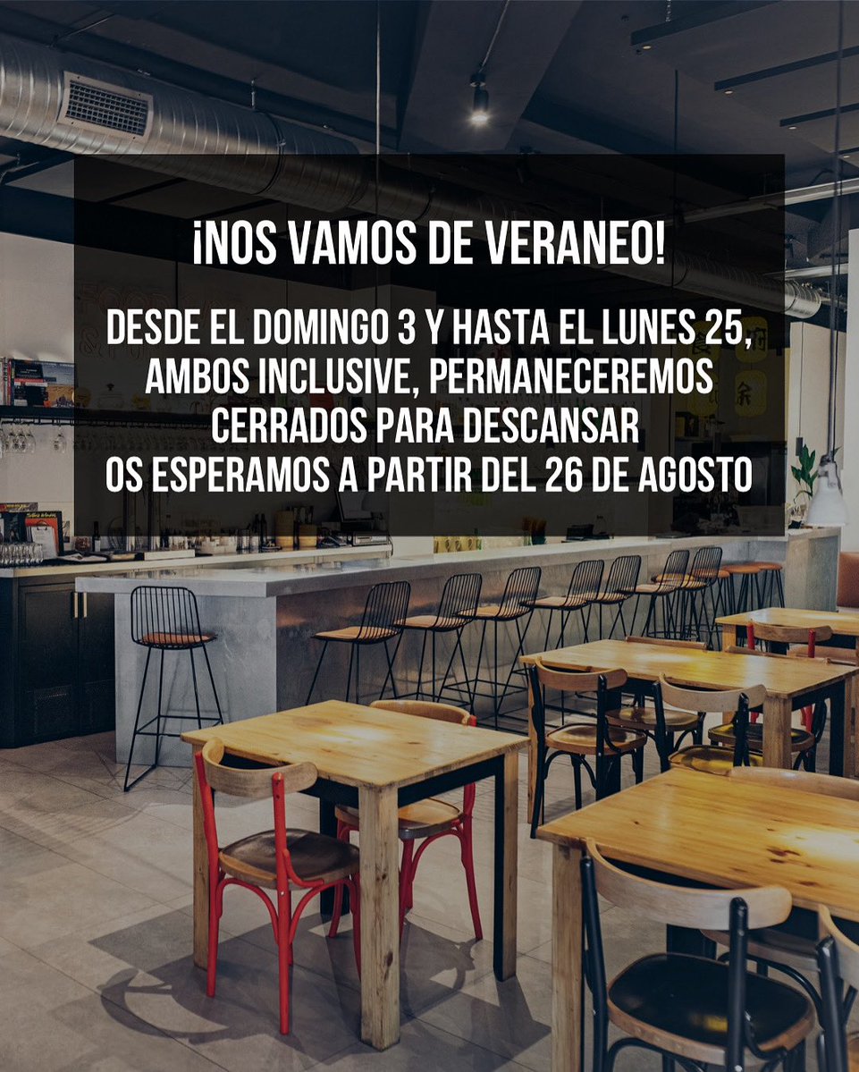 Nos vamos de Veraneo: desde el domingo 3 hasta el lunes 25 de agosto, ambos inclusive, estaremos cerrados para reponer fuerzas y volver con nuevas ideas.

¡Os esperamos a la vuelta!

#vacaciones2025 #vacaciones25 #vacaciones #restaurantesmadrid #restaurantemadrid #comerenmadrid