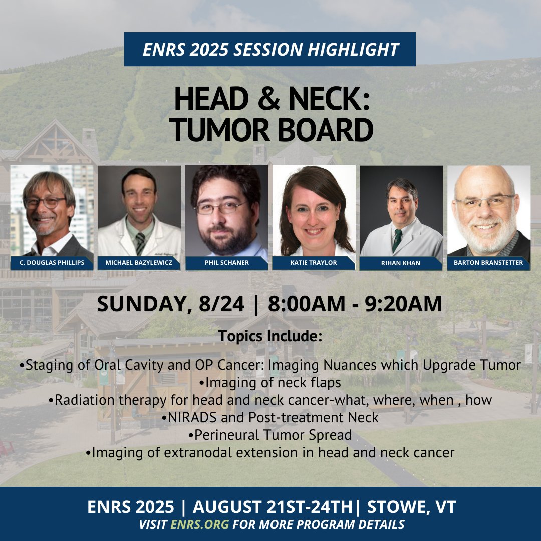 The Eastern Neuroradiological Society (@theenrs) on Twitter photo Take your head & neck skills to the next level 🚀 with our expert panel of speakers at the "Head & Neck: Tumor Board" session #ENRS2025!
Join us: enrs.org/enrs-2025
<a href="/CDP_Rad/">C Douglas Phillips 🇺🇸</a>, Michael Bazylewics, Philip Schaner, <a href="/KatieTraylorDO/">Katie S. Traylor MS, DO, DABR</a>, Rihan Khan, Barton Branstetter Take your head & neck skills to the next level 🚀 with our expert panel of speakers at the "Head & Neck: Tumor Board" session #ENRS2025!
Join us: enrs.org/enrs-2025
<a href="/CDP_Rad/">C Douglas Phillips 🇺🇸</a>, Michael Bazylewics, Philip Schaner, <a href="/KatieTraylorDO/">Katie S. Traylor MS, DO, DABR</a>, Rihan Khan, Barton Branstetter