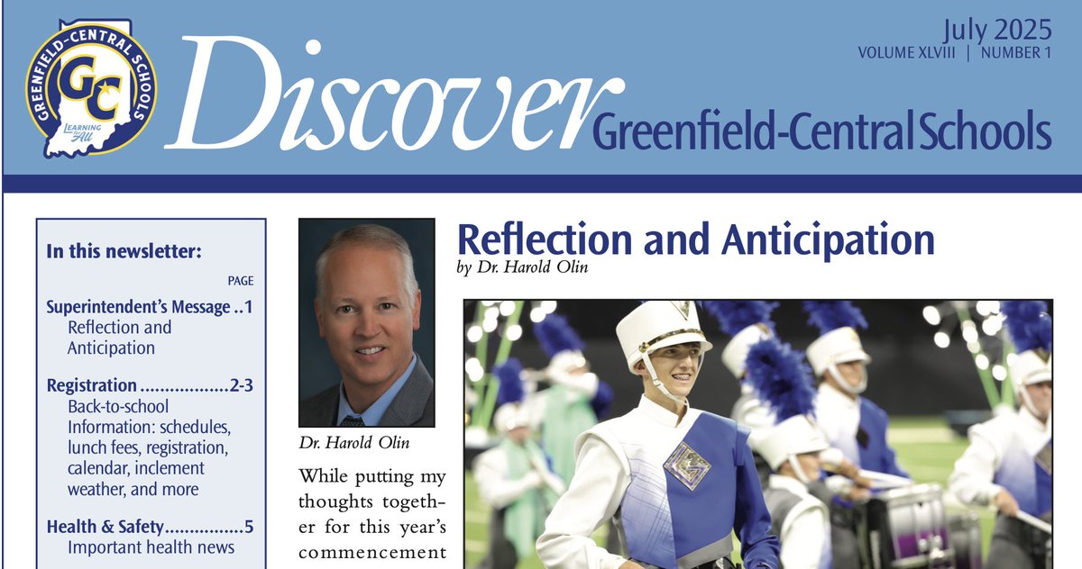 GC_CSC's tweet image. 🚌The summer 2025 'Discover' Greenfield-Central Schools edition is FULL of highlights, updates and ‘need-to-know’ information for all of our schools.
⬇️Follow the link below to see our latest Discover newsletter.
gcsc.k12.in.us/wp-content/upl…
#1GC
