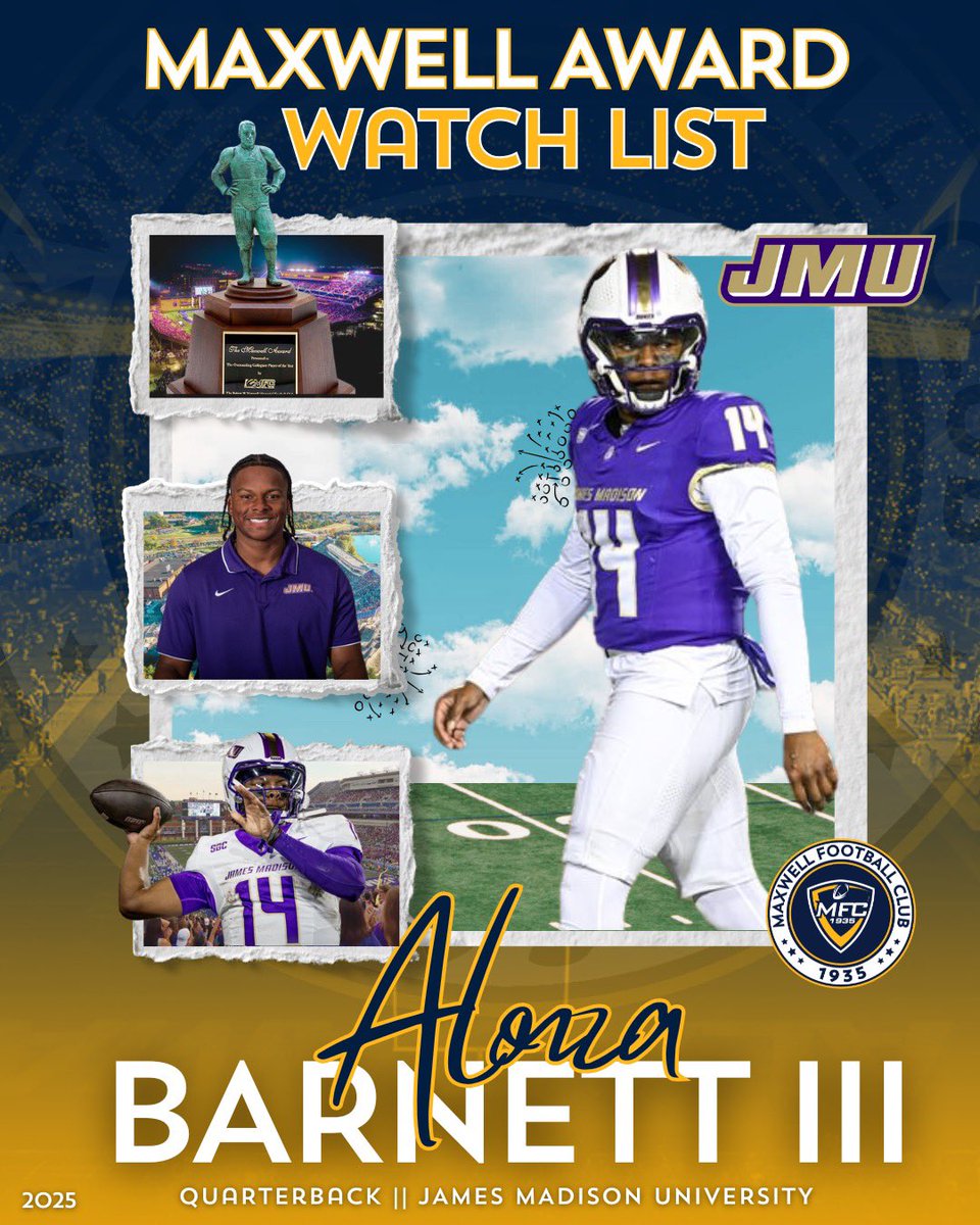 Maxwell Football (@maxwellfootball) on Twitter photo ๐ <a href="/JMUFootball/">JMU Football</a> 's <a href="/alonzabiii/">Alonza Barnett IIIโข๏ธ</a> has been named to the #MaxwellAward Watch List! ๐
#MaxwellFootball ๐ <a href="/JMUFootball/">JMU Football</a> 's <a href="/alonzabiii/">Alonza Barnett IIIโข๏ธ</a> has been named to the #MaxwellAward Watch List! ๐
#MaxwellFootball
