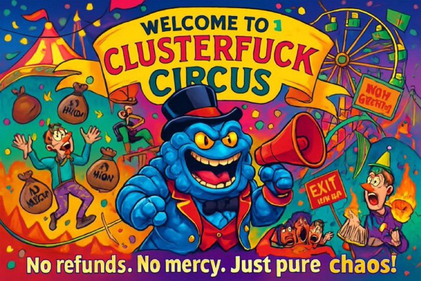 Clusterfuck_SOL's tweet image. 🚨 #ShareYourClusterfuck – 🚨 ‼️‼️ Weekly Contest ‼️ ‼️
Wallet Drained? Broke a toe on a chair leg? Farted and it got messy?
If it was a mess… we want to hear it!
Funniest chaos wins.
Winner crowned Friday w/ .1 $Sol
Welcome to the circus! 🎪
To be eligible to win-…