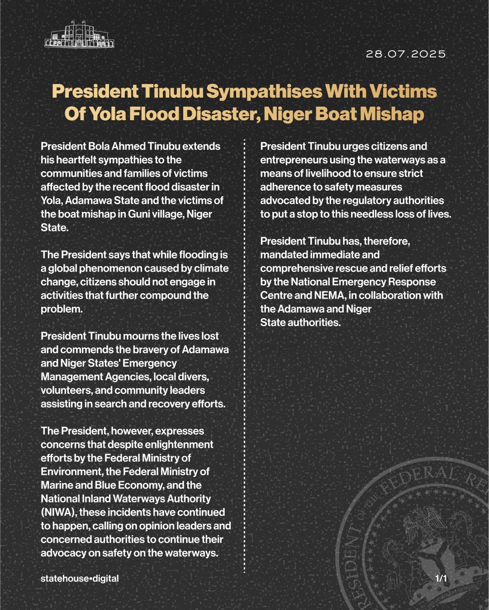 NGRPresident's tweet image. President Tinubu Sympathises With Victims Of Yola Flood Disaster, Niger Boat Mishap