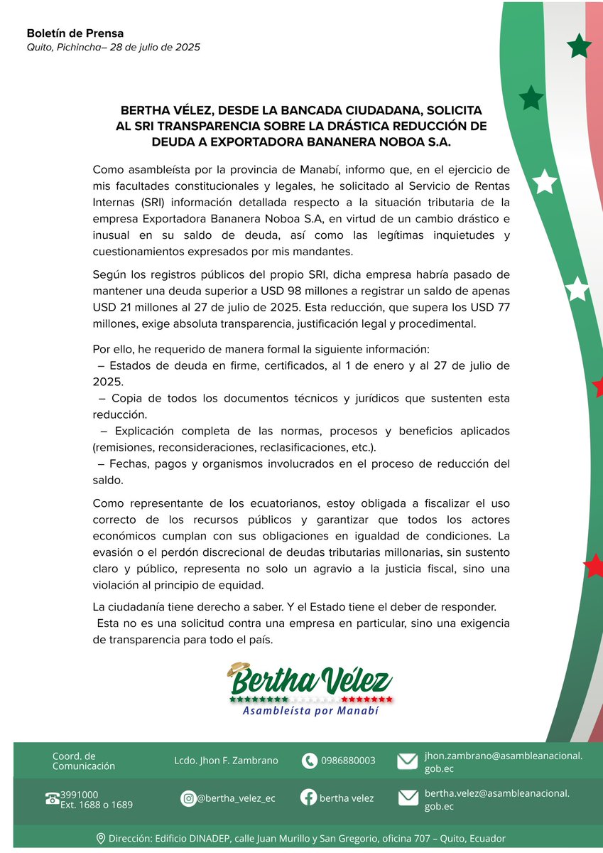 BERTHAVELEZ's tweet image. Como asambleísta por #Manabí, he solicitado al #SRI información clara sobre la reducción del compromiso fiscal tributario de la empresa Exportadora Bananera Noboa S.A., que tenía una deuda de más de USD 98 millones y este fin de semana se redujo USD 21 millones.
Este pedido…