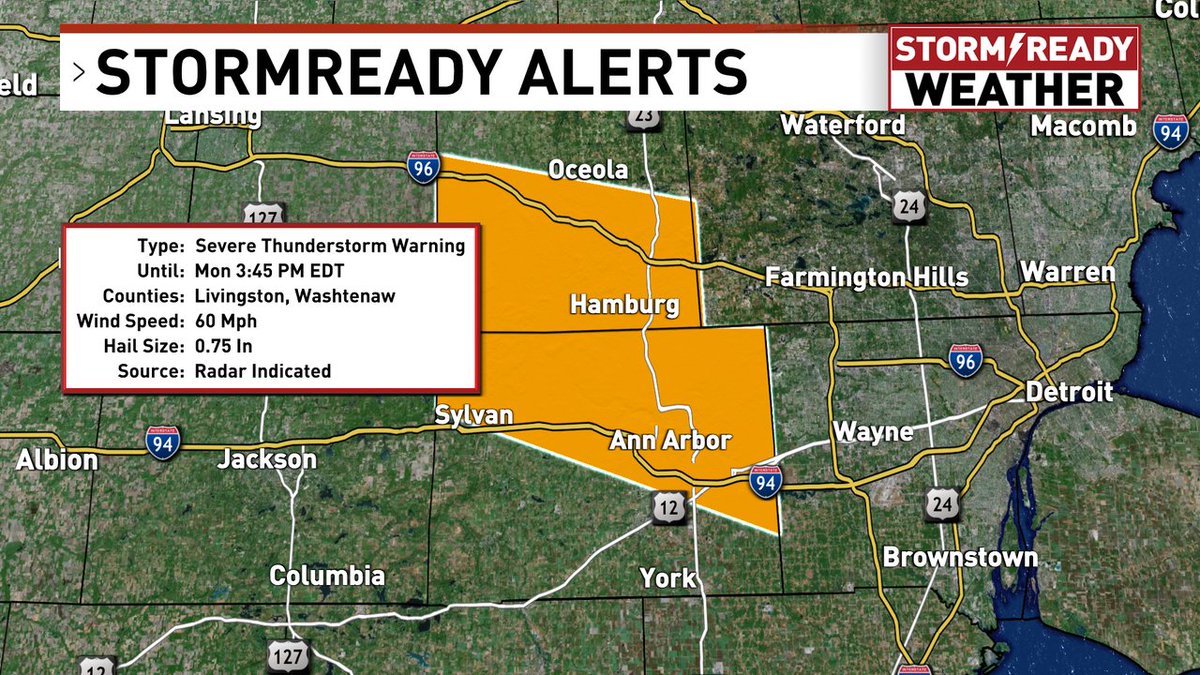 midmichigannow's tweet image. WEATHER ALERT: A Severe Thunderstorm Warning has been issued for Washtenaw, Livingston county until 7/28 3:45PM.