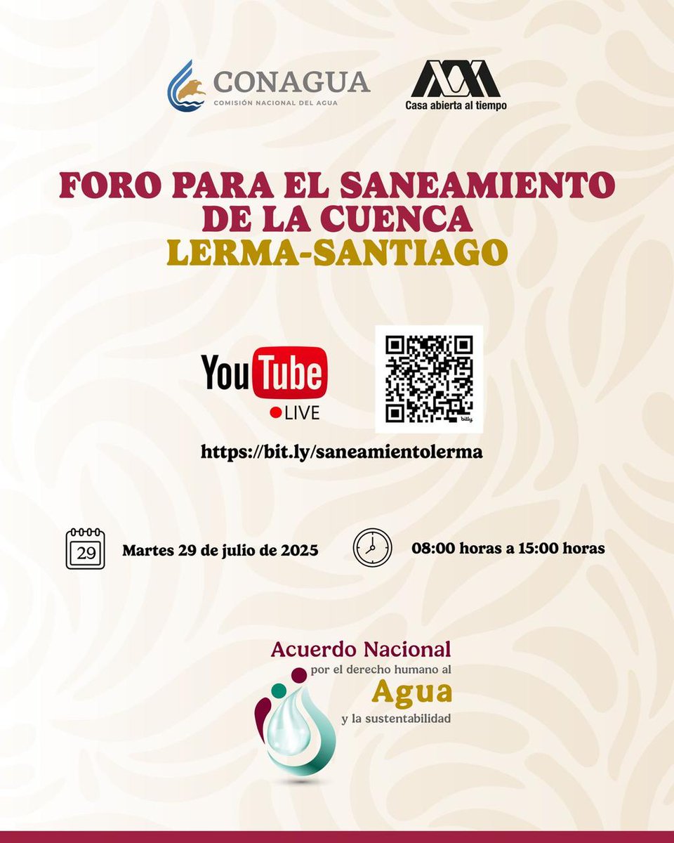lauammx's tweet image. La Unidad Lerma será sede del Foro para el Saneamiento de la Cuenca Lerma-Santiago. Sigue en vivo las mesas de trabajo y propuestas en torno al rescate de una de las cuencas más importantes del país.

📅 JULIO 29
🕗 08:00 A 15:00 HORAS
📍 Sala de Consejo Académico
🔴 En vivo:…