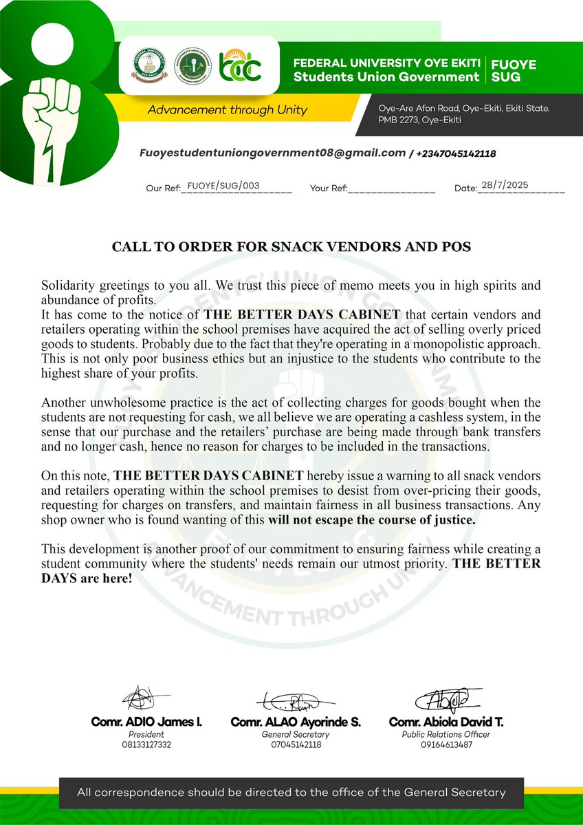 STUDENTS' UNION GOVERNMENT, FUOYE (@fuoye_sug) on Twitter photo CALL TO ORDER FOR ALL SNACK VENDOR AND POS ON CAMPUS💚✨
#THEBETTERDAYSCABINET
#FUOYESUG
#BETTERDAYSAGENDA💚✨
#FUOYETWITTER
DAVE THE VOICE 🎙️: 09164613487 <a href="/Dave_d_voice/">FUOYE SUG 8TH P.R.O🎙️</a> CALL TO ORDER FOR ALL SNACK VENDOR AND POS ON CAMPUS💚✨
#THEBETTERDAYSCABINET
#FUOYESUG
#BETTERDAYSAGENDA💚✨
#FUOYETWITTER
DAVE THE VOICE 🎙️: 09164613487 <a href="/Dave_d_voice/">FUOYE SUG 8TH P.R.O🎙️</a>