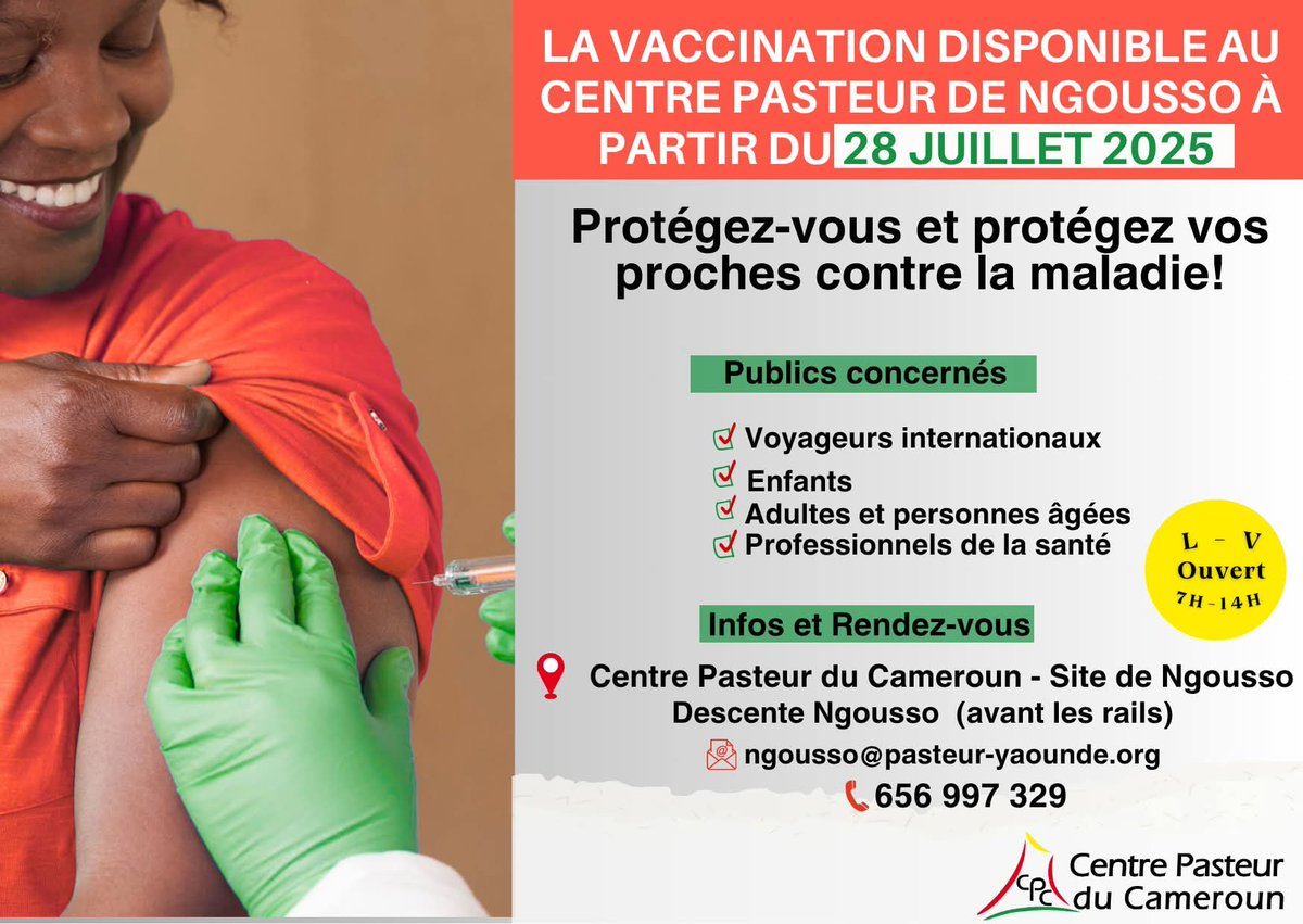 Bonne nouvelle! 🌍💉
Le Centre Pasteur du Cameroun, vaccine désormais à #Ngousso !
📍Messa | Douala-Bonapriso | Garoua | Et maintenant Ngousso !
#SantéPourTous #Vaccination