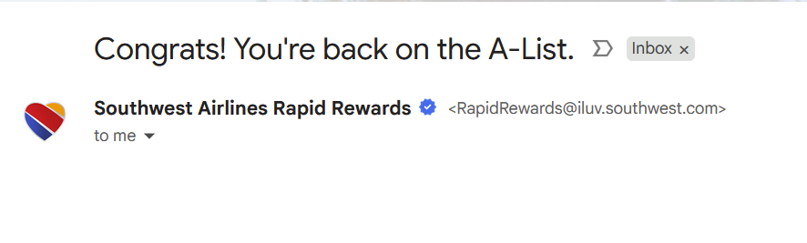Yay! <a href="/SouthwestAir/">Southwest Airlines</a>  ... might be the fastest I've made it ever! Usually I'm making up trips in Nov/Dec.