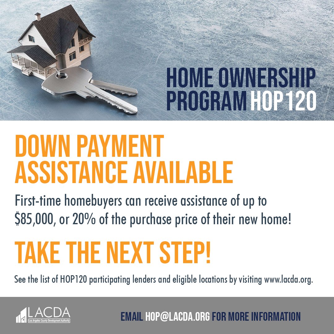 LACDevAuthority's tweet image. Exciting news first-time homebuyers! Our Home Ownership Program (HOP120) offers a second mortgage loan to help you achieve your dream of homeownership. Get up to $85K or 20% of the purchase price for down payment and/or closing cost assistance. Details at lacda.org/home-ownership….