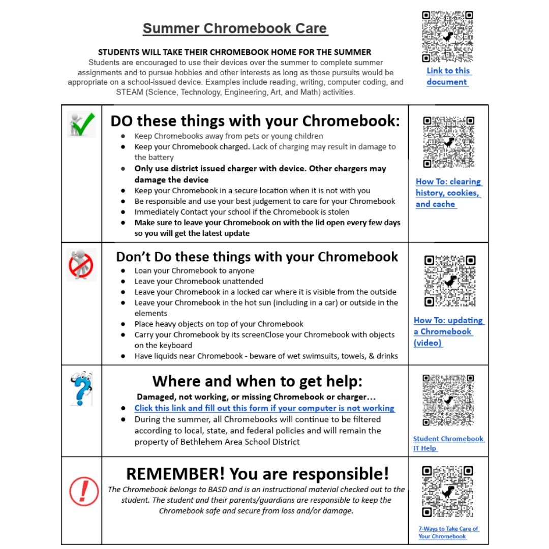 BethlehemAreaSD's tweet image. Reminder: Charge Chromebooks before school starts on Monday, Aug. 25. See images for summer care tips. 

#BASDproud #BASDcommunity