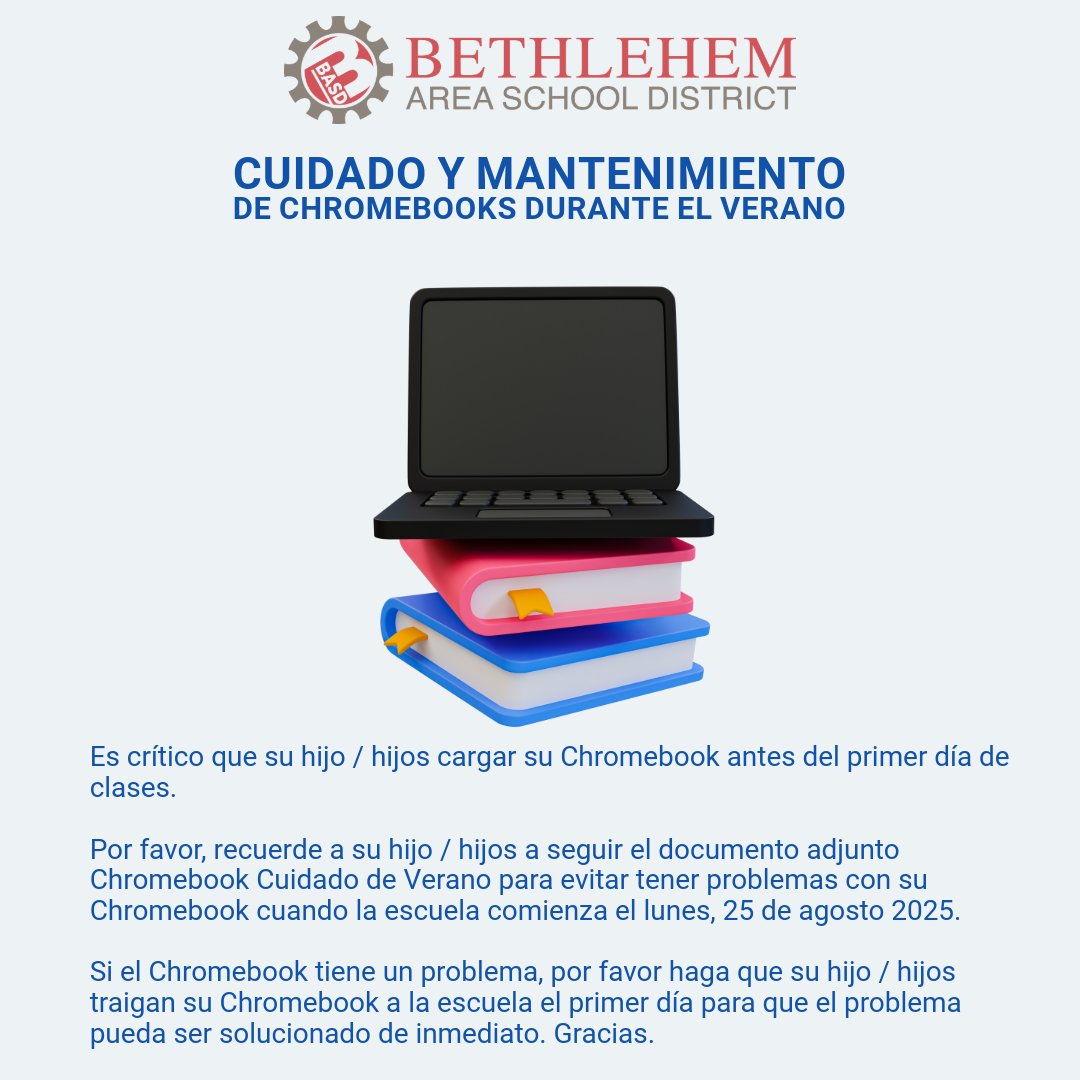 BethlehemAreaSD's tweet image. Reminder: Charge Chromebooks before school starts on Monday, Aug. 25. See images for summer care tips. 

#BASDproud #BASDcommunity