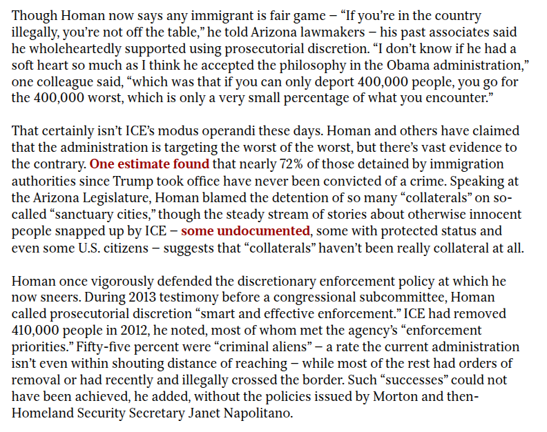When Homan was high up at ICE under Obama, he defended the policy of prosecutorial discretion -- essentially, targeting criminals and not regular undocumented -- before Congress.

Now, ICE hunts down anyone it can find, criminal history or not.

Story: phoenixnewtimes.com/news/tom-homan…