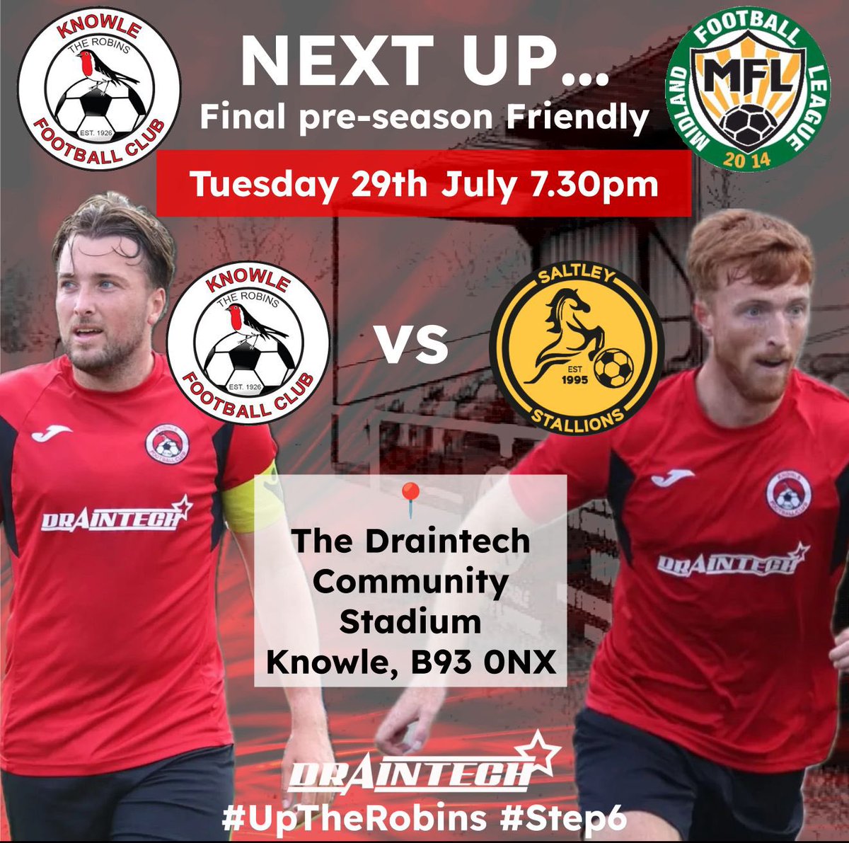 Knowle_FC's tweet image. 🔥 Last Pre-Season Test Tomorrow!
📆 Tuesday 29th July
🆚 @SaltleySFC
📍 Draintech Community Arena
🕖 7:30pm KO
🎟 Free Entry | 🍻 Bar Open
Back on home soil as pre-season wraps up!
Join us at the Draintech for one final test🔥
#UpTheRobins🔴⚫️
