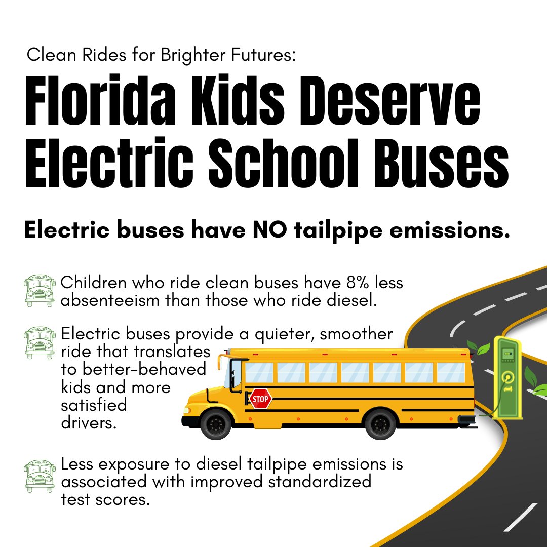 Clean transportation is smart policy—for health, for learning, and for the economy. Electric school buses produce zero tailpipe emissions, cut absenteeism, and support better student outcomes. Florida’s children deserve the benefits of clean mobility. #CleanEnergy