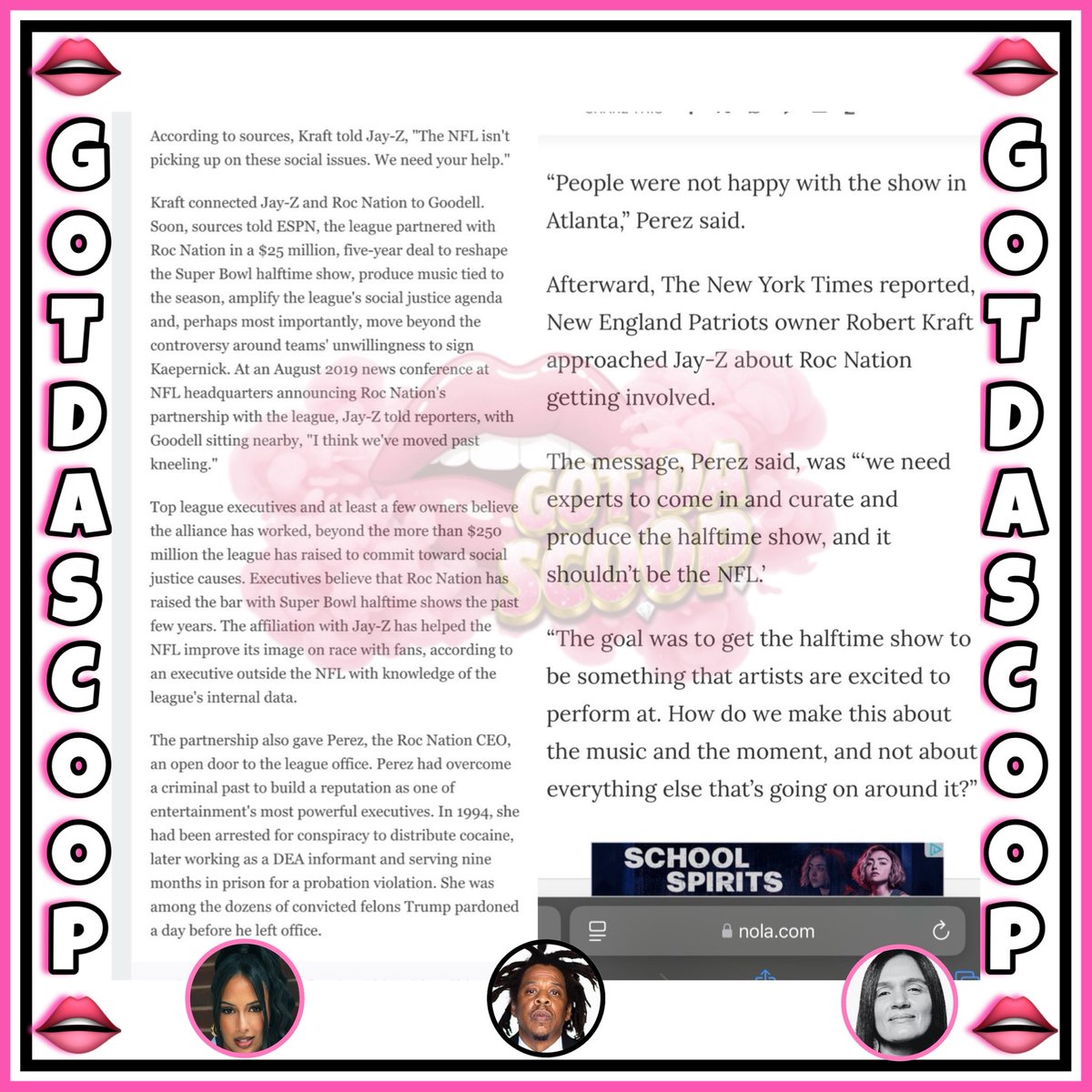 Yikes ! 

Colin Kaepernick’s long time girlfriend Nessa Diab believes Nicki Minaj exposing the smear campaign that Jay Z &amp; Desiree Perez did to her behind the scenes sounds very familiar.

“Nicki Minaj exposing the smear campaign tactics that Jay-Z, Roc Nation, Desiree Perez did