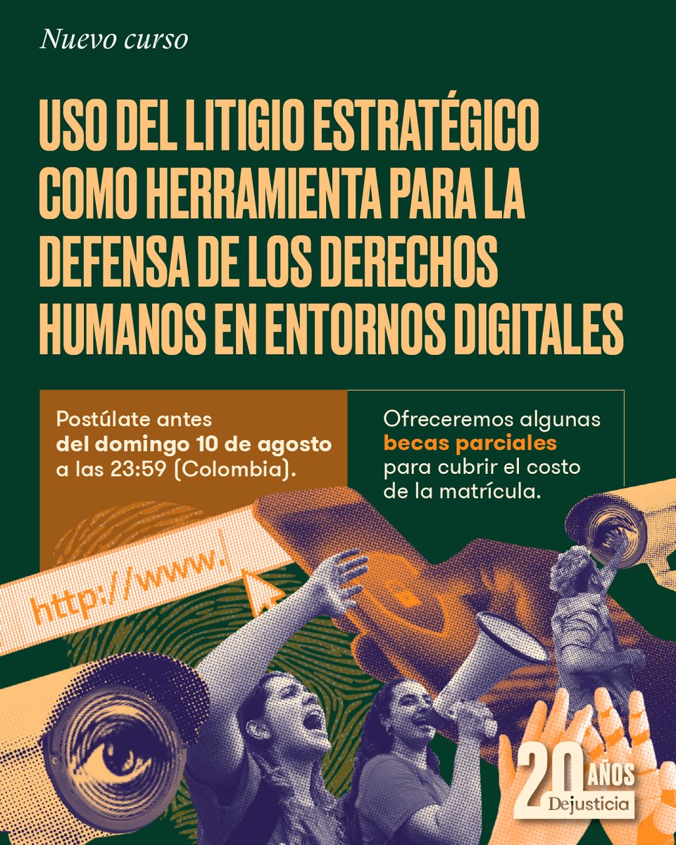 ¡Abrimos nuevo curso de litigio estratégico! 
Esta vez, nuestros instructores profundizarán en la relación entre los #DDHH y la #tecnología, y cómo el litigio puede ser una herramienta para resolver las implicaciones que estos desarrollos tienen. 

Aplica: dejusticia.org/como-trabajamo…