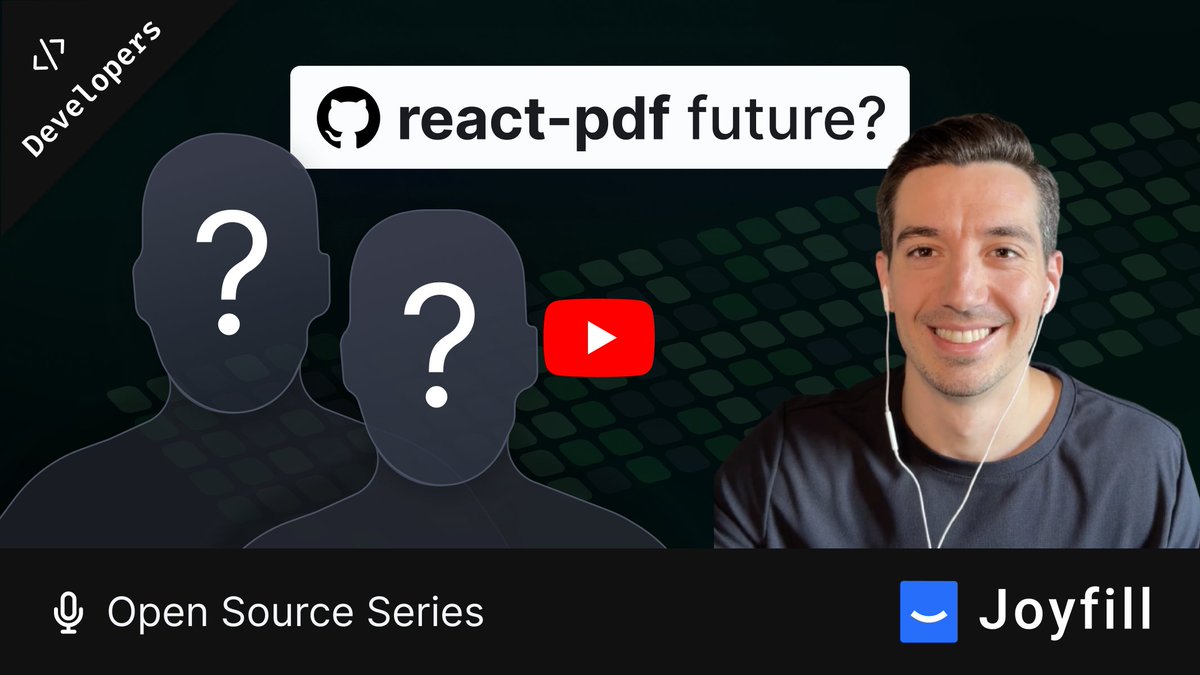 JoyfillHQ's tweet photo. 🎙️ Watch: The untold story behind react-pdf with Diego Muracciole 
→ https://t.co/A4hkg7zRPr

The true beginnings, challenges, and future plans of react-pdf.

A great perspective for the #OpenSource and #buildinpublic community.

Huge shoutout to @diegomura, @jeetiss, @wojtekmaj91, Carlo Beltrame (https://t.co/mg6fQxoMkc), and Republik (https://t.co/3nyjdNRZbr)