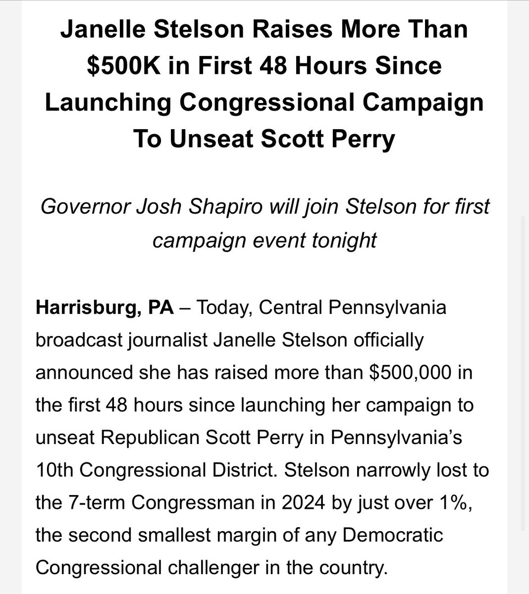 jamesd0wns's tweet image. #PA10: Janelle Stelson (D) raises $500k in her first ~48~ hours since launching her rematch campaign against Rep. Scott Perry