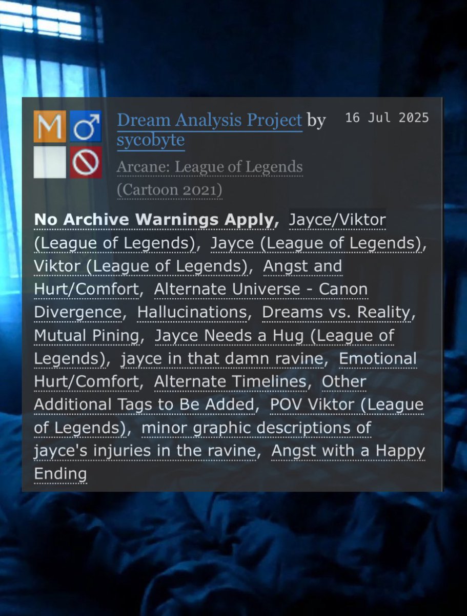 sycobyte's tweet image. ☁️ Dream Analysis Project ☁️
Chapter 2 now up!
🌙 Rated: M
✨ #Jayvik Viktor POV
🌙 Hurt/Comfort
✨ Slow Burn
archiveofourown.org/works/65131129…
