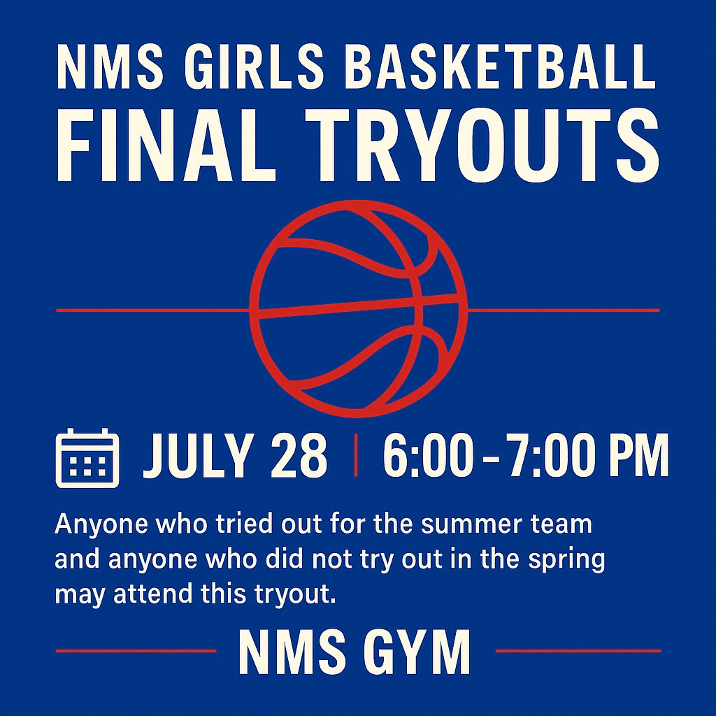🏀🌟 Lady Stars Basketball Tryouts 🌟🏀
Calling all rising 6th–8th grade girls! Tryouts are for any girl that missed spring tryouts or is currently on the summer roster.  Join us Monday, July 28 from 6–7 PM at the NMS Gym! Let’s go, Lady Stars! ❤️⭐💙 #NorthNation #LadyStarsBball