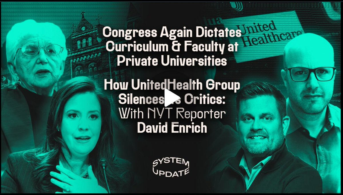 Glenn Greenwald (@ggreenwald) on Twitter photo Tonight on <a href="/SystemUpdate_/">System Update</a>, live at 7pm ET:
Congress continues to dictate faculty and curriculum choices to top colleges.
Plus: Trump Admin's expanded campus "hate speech" codes.
And: NYT reporter <a href="/davidenrich/">David Enrich</a> on how United Health is silencing critics.
rumble.com/v6w9pss-system… Tonight on <a href="/SystemUpdate_/">System Update</a>, live at 7pm ET:
Congress continues to dictate faculty and curriculum choices to top colleges.
Plus: Trump Admin's expanded campus "hate speech" codes.
And: NYT reporter <a href="/davidenrich/">David Enrich</a> on how United Health is silencing critics.
rumble.com/v6w9pss-system…