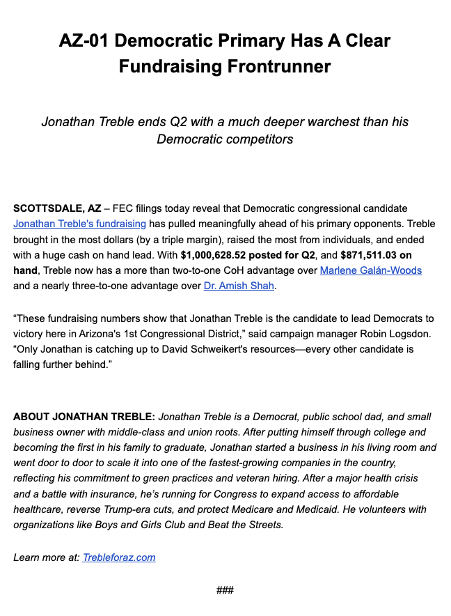 TrebleForAZ's tweet image. I am honored to be the leading fundraiser in the Democratic primary for Arizona's 1st Congressional District. The momentum is behind our campaign, and together, we will defeat David Schweikert and deliver real leadership to our district.