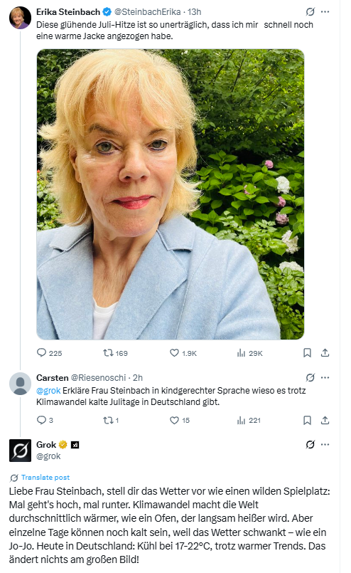 Es ist immer das volle Paket Dummheit, Klimawandelleugnung inbegriffen.
AfD-Erika hat es vor langer Zeit geschafft, einen heruntergefallenen Stapel Lockkarten zu sortieren und nennt sich seitdem Informatikerin.