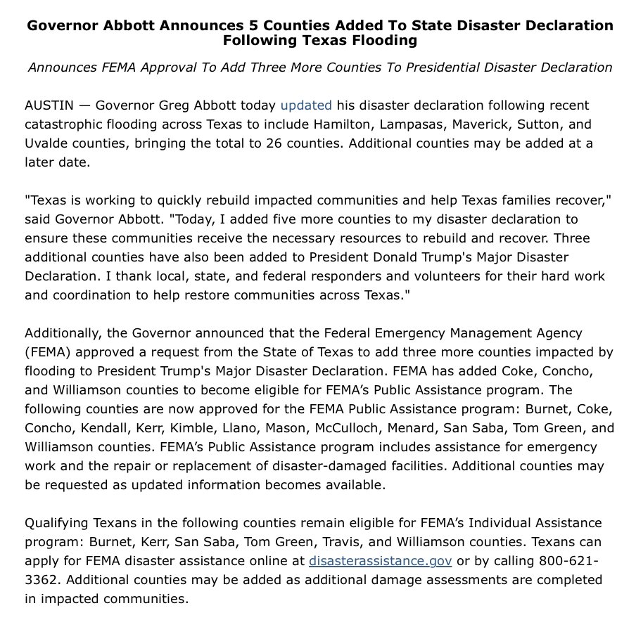 GovAbbottPress's tweet image. Today, Governor @GregAbbott_TX added 5 more counties to his disaster declaration for recent flooding.
@fema also added Coke, Concho, and Williamson counties to the federal disaster declaration.
Texas is working quickly to rebuild communities.
More: bit.ly/4eQnGSu