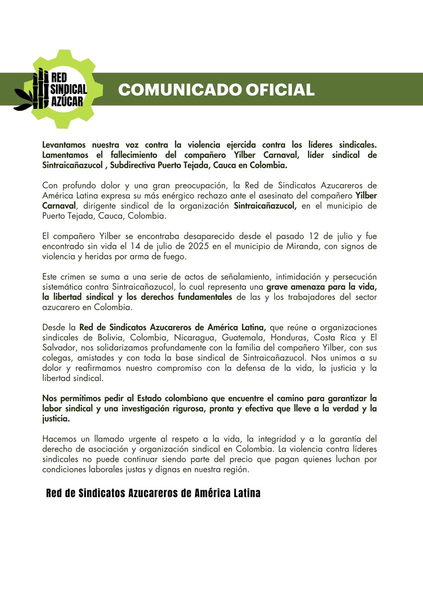 Desde <a href="/CNV_Internat/">CNV Internationaal</a> nos unimos a la Red de Sindicatos Azucareros de América Latina para expresar nuestra preocupación por el asesinato del líder sindical Yilber Carnaval, de la subdirectiva de Sintraicañazucol en Puerto Tejada, Cauca 🇨🇴.

Nos solidarizamos con su familia, con sus